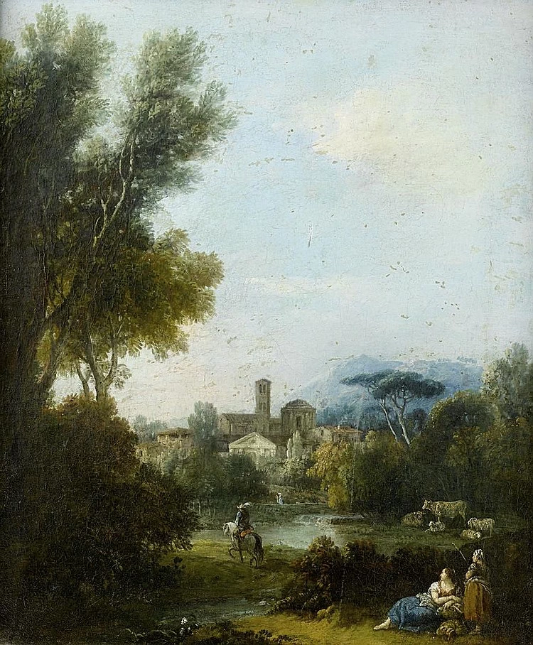 Due pastorelle che pascolano il loro bestiame in un paesaggio all'italiana